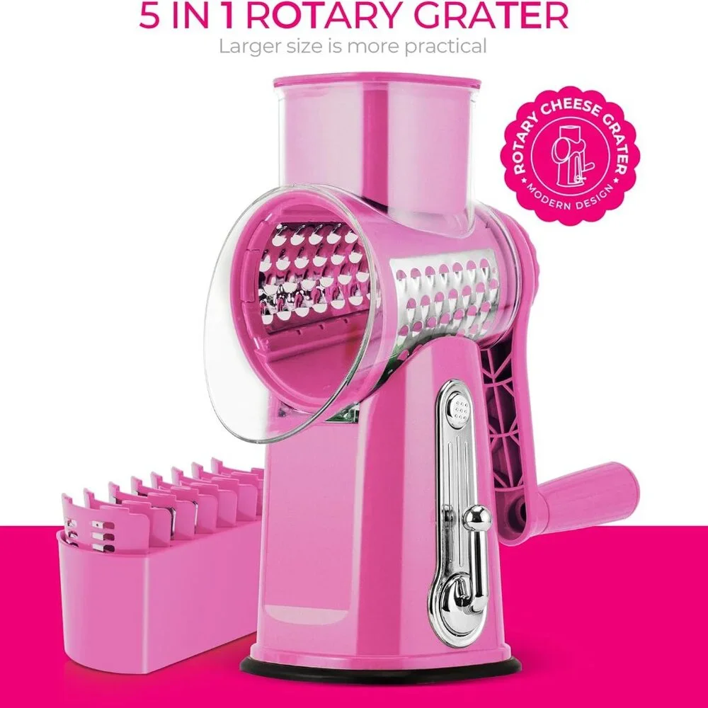 Rotary Cheese Grater w/Handle &5 Blades, Round Slicer & Vegetable Grater Pink